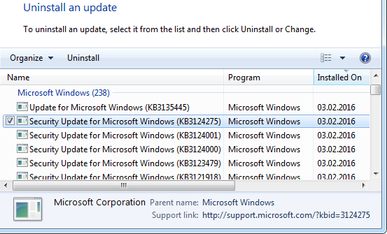 Инсталирани актуализации на Windows 7