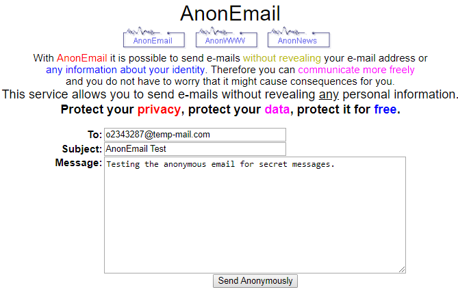 AnonEmail да изпрати анонимен имейл