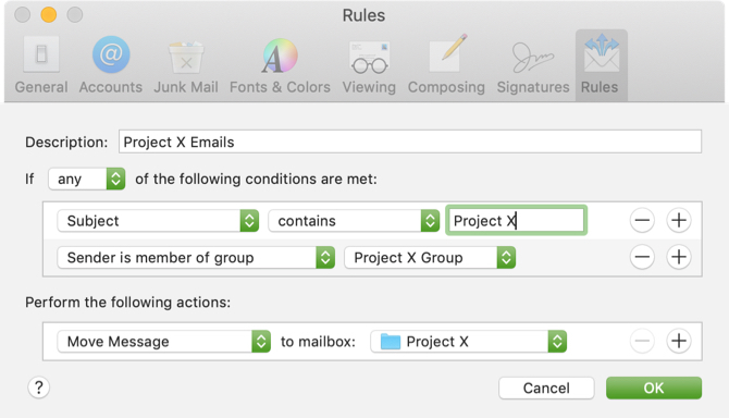 Преместете правилото за имейли на Mac Mail