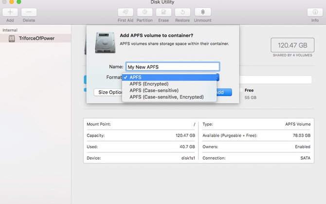 добавете apfs обем macos high sierra