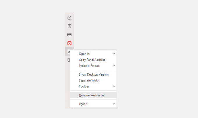 Екранна снимка, показваща как да премахнете уеб панелите във vivaldi