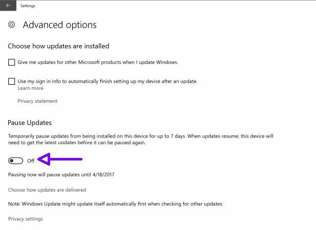 Windows 10 Creators Update въвежда нов бутон за актуализация на пауза Windows 10 Creators Pause Update