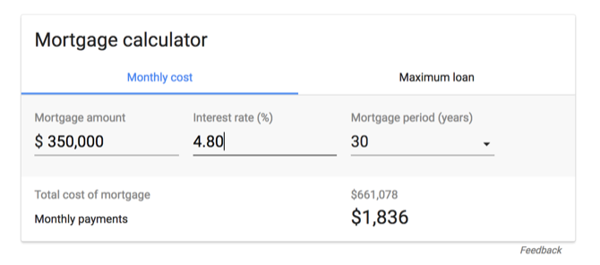 Ипотечен калкулатор в страницата с резултати от Google