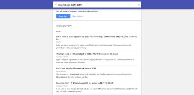 Диапазон на цените на Chromebook от Google Alerts