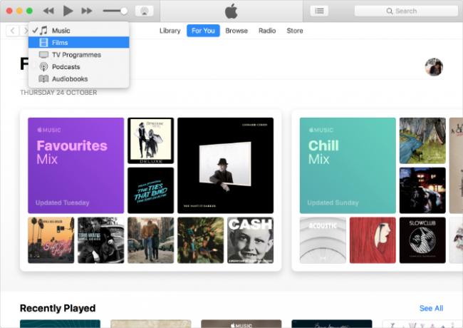 iTunes, показващи музика, телевизия и подкасти с Apple Music