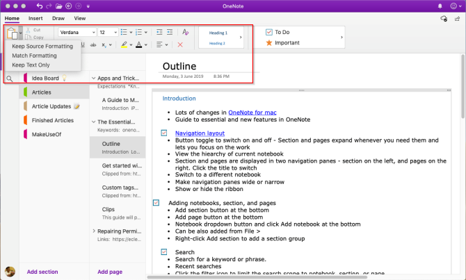 инструменти за форматиране в OneNote Mac