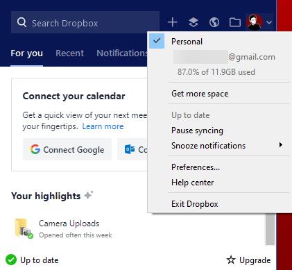 Dropbox Menu Windows