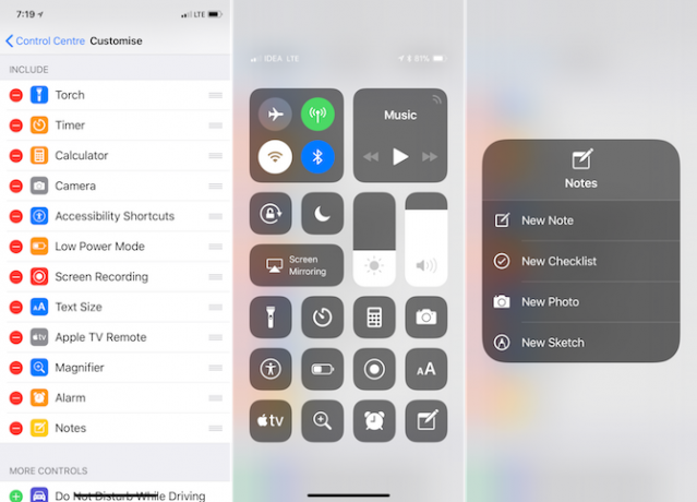 Характеристики на Apple Notes - Пряк път за Control Center