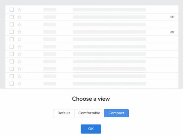 Екранна снимка на изгледите за плътност на дисплея на Gmail