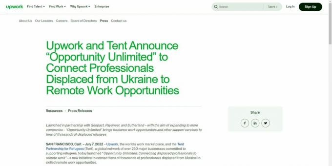 Изображение на прессъобщението на Upwork, обявяващо инициативата