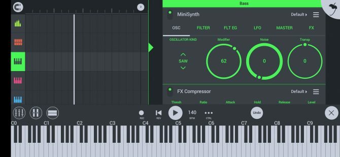 оформлението на екрана на FL Studio с дисплей за пиано