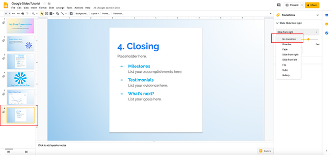 Създаване на преходи в Google Слайдове Премахване на прехода