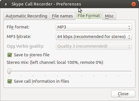 Настройки на Skype Call Recorder за Linux