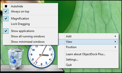 ObjectDock: Бързо персонализирайте работния плот и увеличете функционалността му [Windows] ObjectDock с десен бутон на мишката Преглед