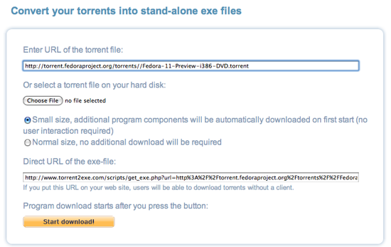 Изтеглете торенти без клиент чрез Torrent2Exe [Windows] torrent2fedora