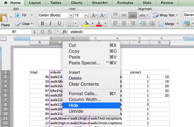 Excel-скриване на колони