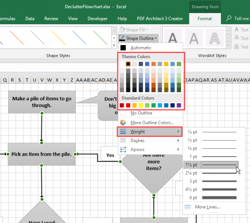 Променете цвета и теглото на съединителните линии на блок-схема в Excel