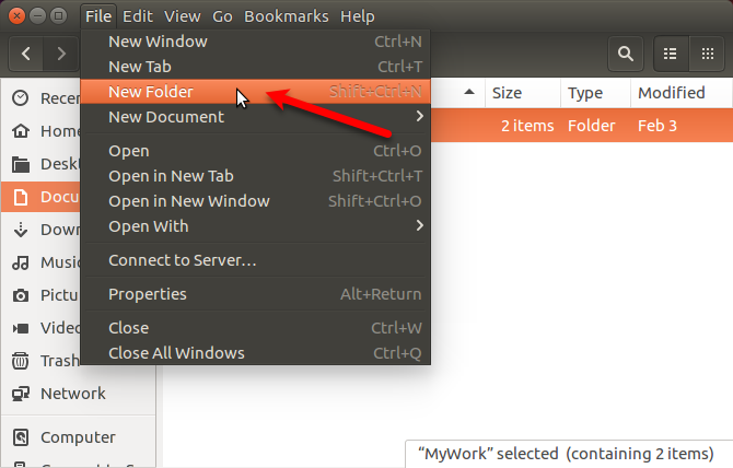 Отидете на Файл> Нова папка в Nautilus в Ubuntu