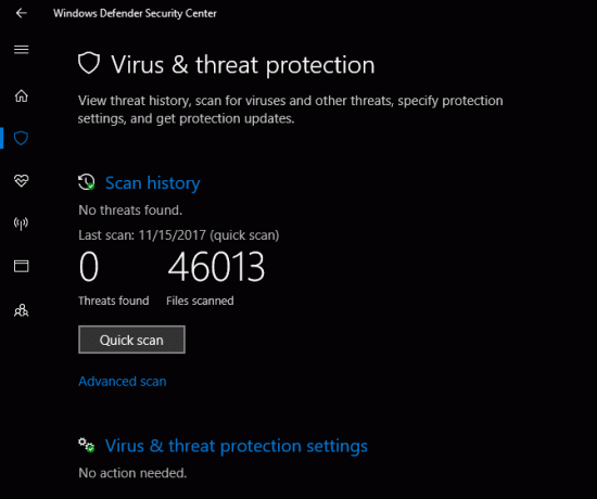 Защита на вируса и заплахите от центъра за защита на Windows Defender