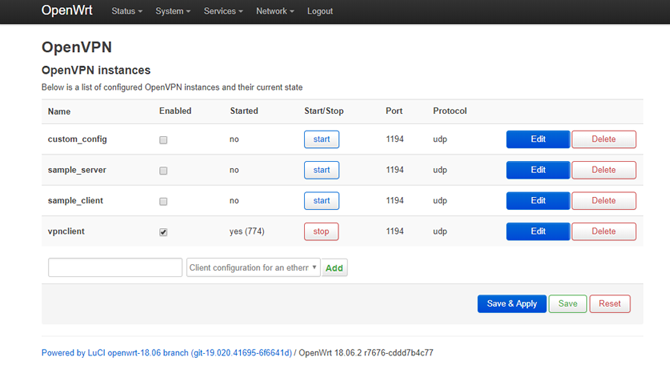 OpenWRT LuCI табло OpenVPN Меню