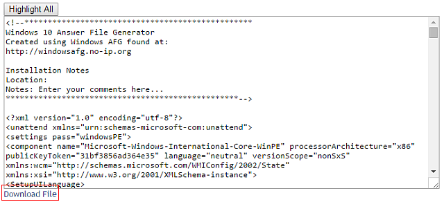 Генератор на отговори на Windows Общи настройки Изтегляне на XML
