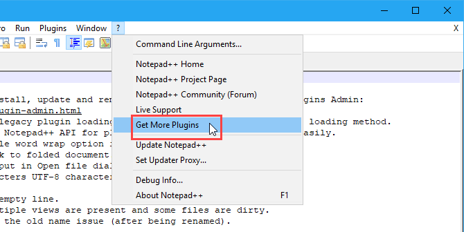 Изберете Получаване на повече приставки от менюто Помощ в Notepad ++
