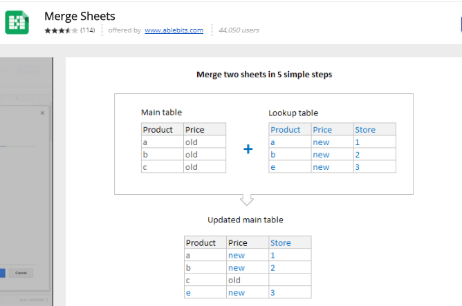 google листове добавят ons - Merge Sheets 