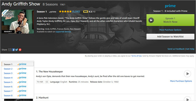 amazon prime video the Andy griffith show