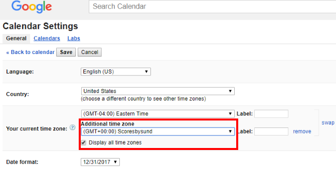 Настройки на часовата зона на Google Календар