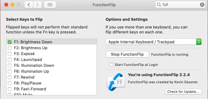 Прозорец за настройки за приложението FunctionFlip в macOS