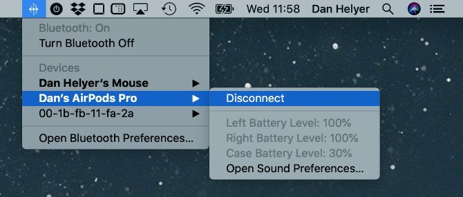 Нивото на батерията на AirPods в менюто на Bluetooth на macOS
