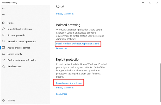 управление на настройките на приложението и браузъра в Windows Defender