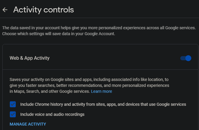 Контроли на активността на Google