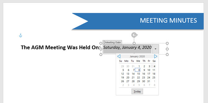 Контрол на съдържанието на Microsoft Word Date Picker 