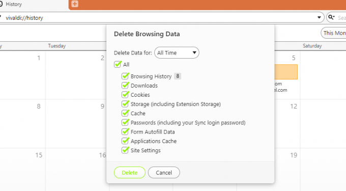 Екранна снимка на прозореца за изчистване на данни за сърфиране Vivaldi