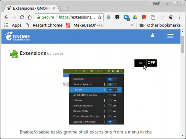 Включете разширение на уебсайта на GNOME Extensions в Chrome