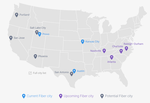 Карта на настоящите и предстоящите градове в САЩ с „Fiber to Home“ от Google