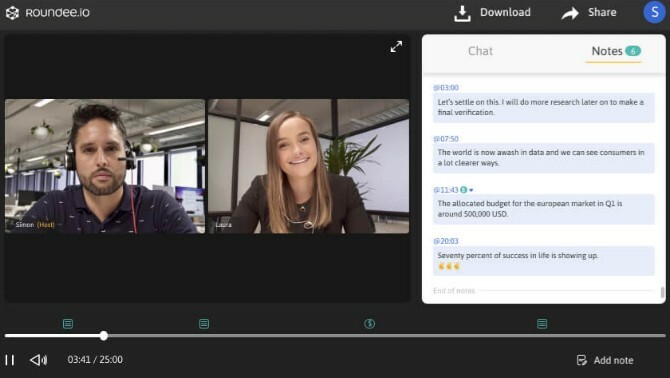 Roundee записва видеоконферентни обаждания и ви позволява да добавяте бележки, отбелязани с време, за минути от срещата