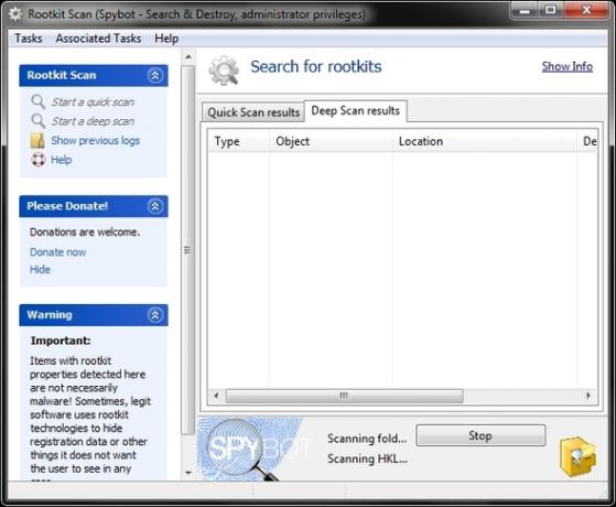 Spybot - Търсене и унищожаване: Простият, но ефективен път за почистване на вашия компютър от злонамерен софтуер Разширено сканиране на Rootkit