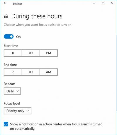 Как да използвате Windows Focus Assist (по-рано тихи часове) Focus Assist Hours e1526497923575