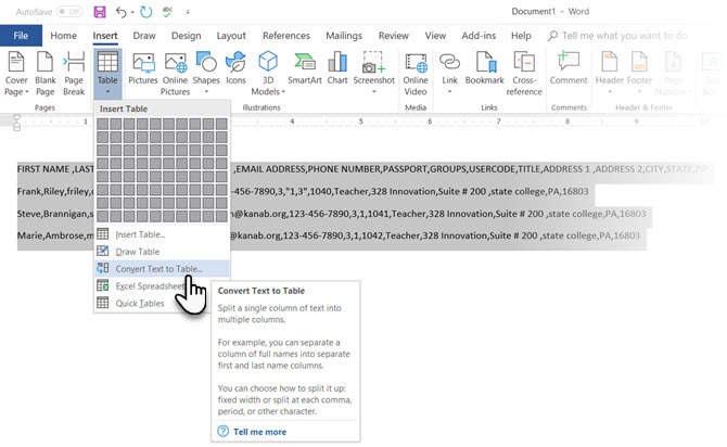 Преобразуване на текст в Microsoft Word в таблица