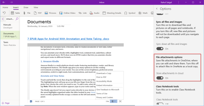 облачен прикачен файл в OneNote за Windows 10