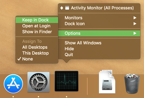 Mac Activity Monitor Дръжте в док