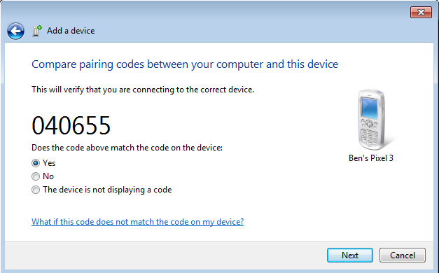 Код за свързване с Bluetooth за Windows 7