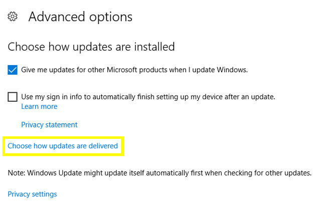 Windows Изберете как се доставят актуализации