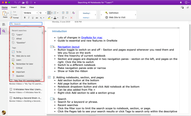 търсене на бележки в OneNote Mac