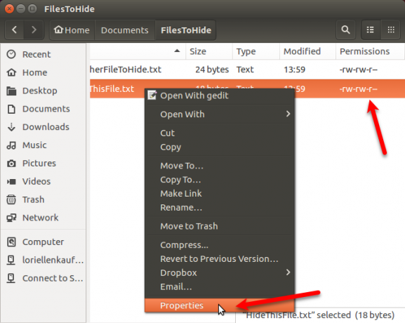 Отворете свойствата за файл в Nautilus