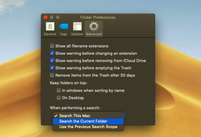 Задаване на опции за търсене в macOS Finder