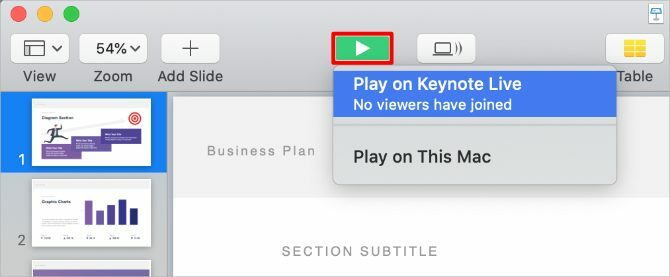 Бутон за възпроизвеждане на Keynote с опция Keynote Live