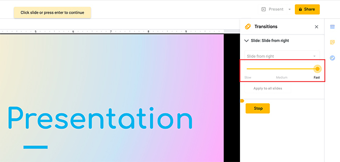 Създайте преходи в Google Slides Adjust Speed